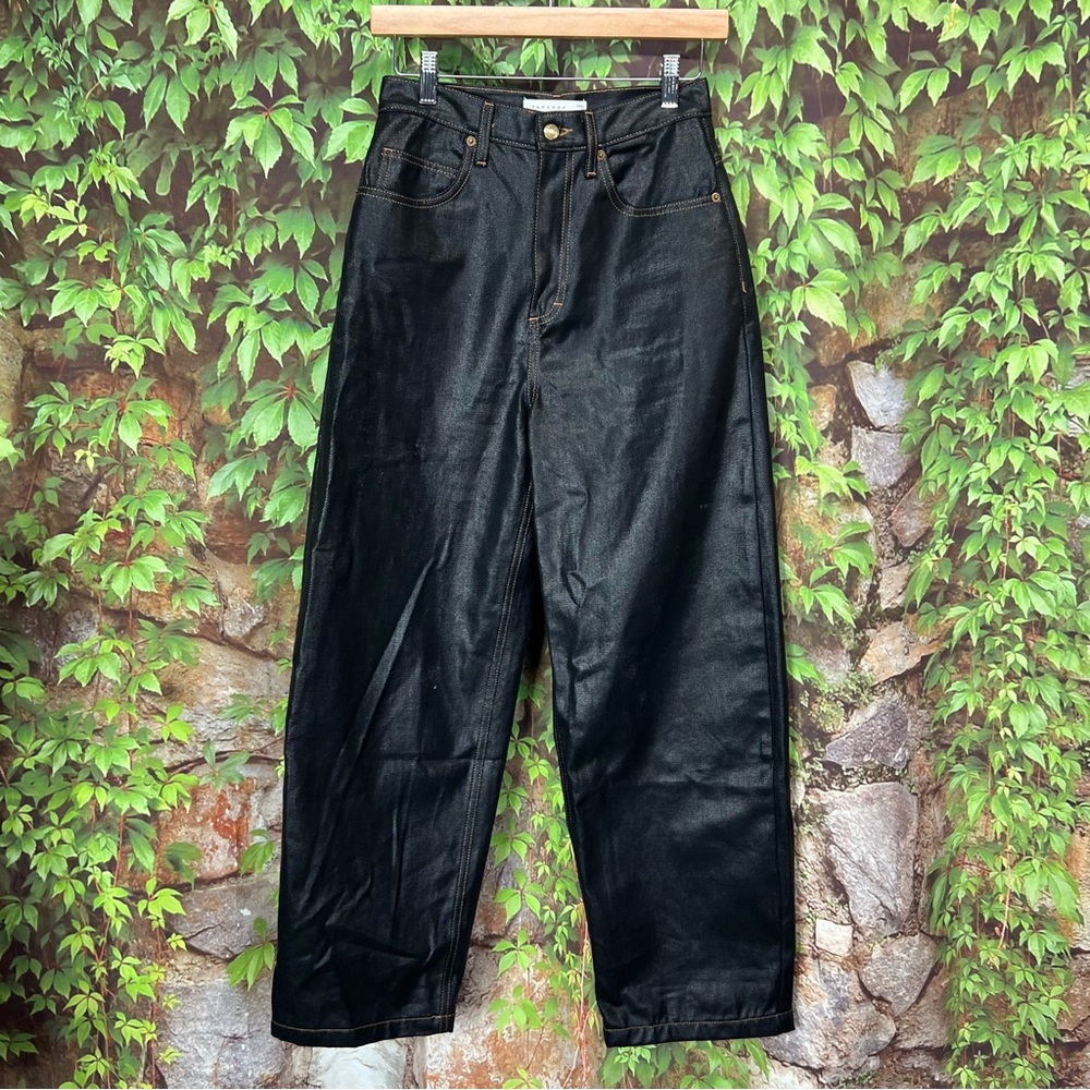 TOPSHOP Modern Architectural Black Waxed Denim Wide Leg Jeans, 4 - Picture 3 of 16